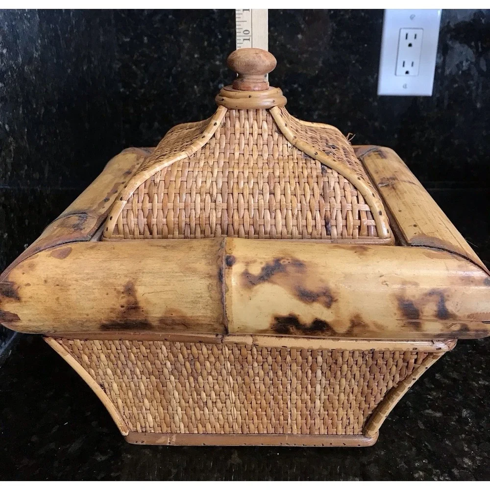 Vintage Wicker Rattan Scorched Bamboo Storage Box With Lid Planter